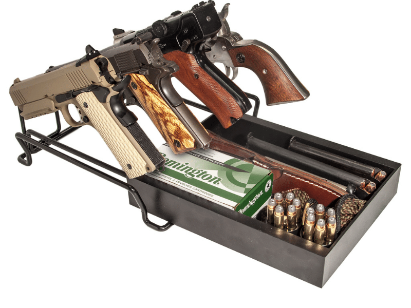 Pistol holder with tray. 