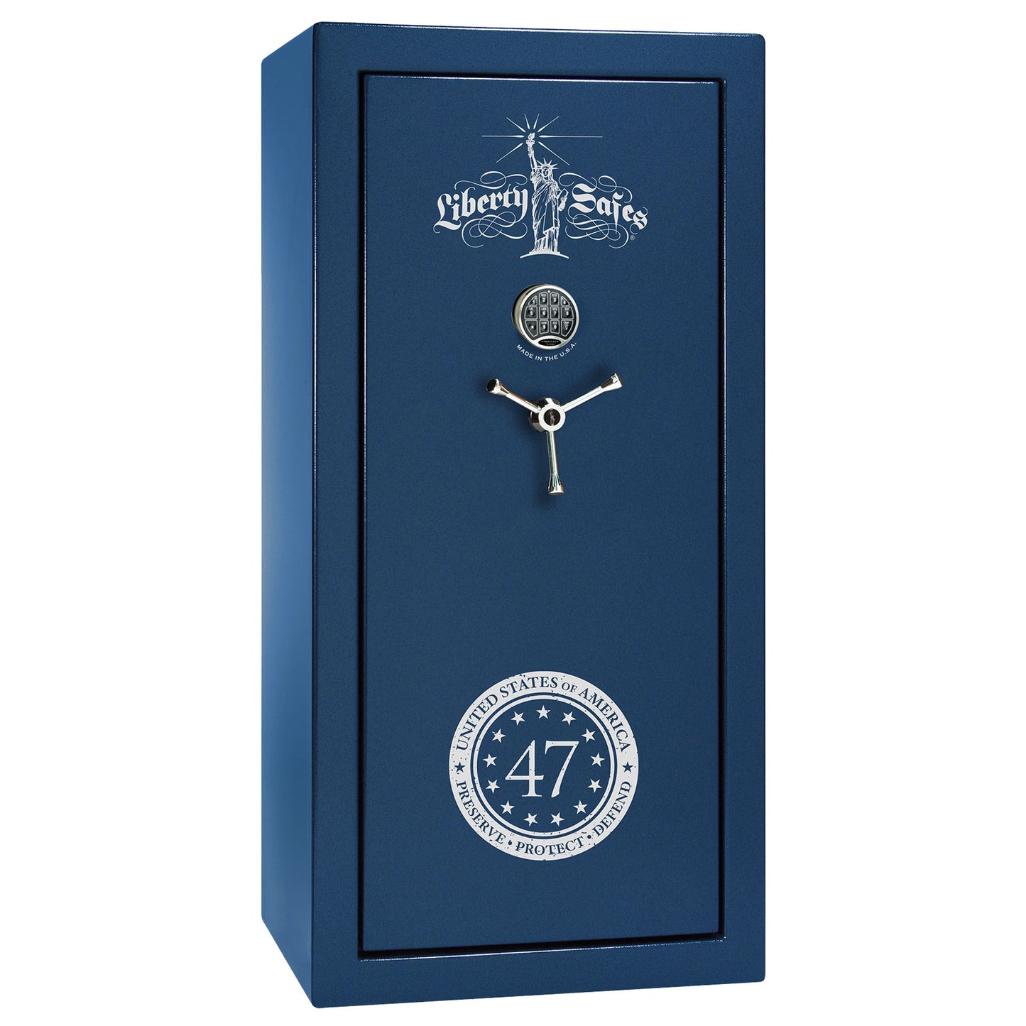 Liberty 47 Limited Edition Safe - USA 30 | Level 3 Security | 60 Minute Fire Rating | Dimensions: 60.5"(H) x 30"(W) x 22"(D) | Textured Blue with White Commemorative Logo | Electronic Lock – Closed Door