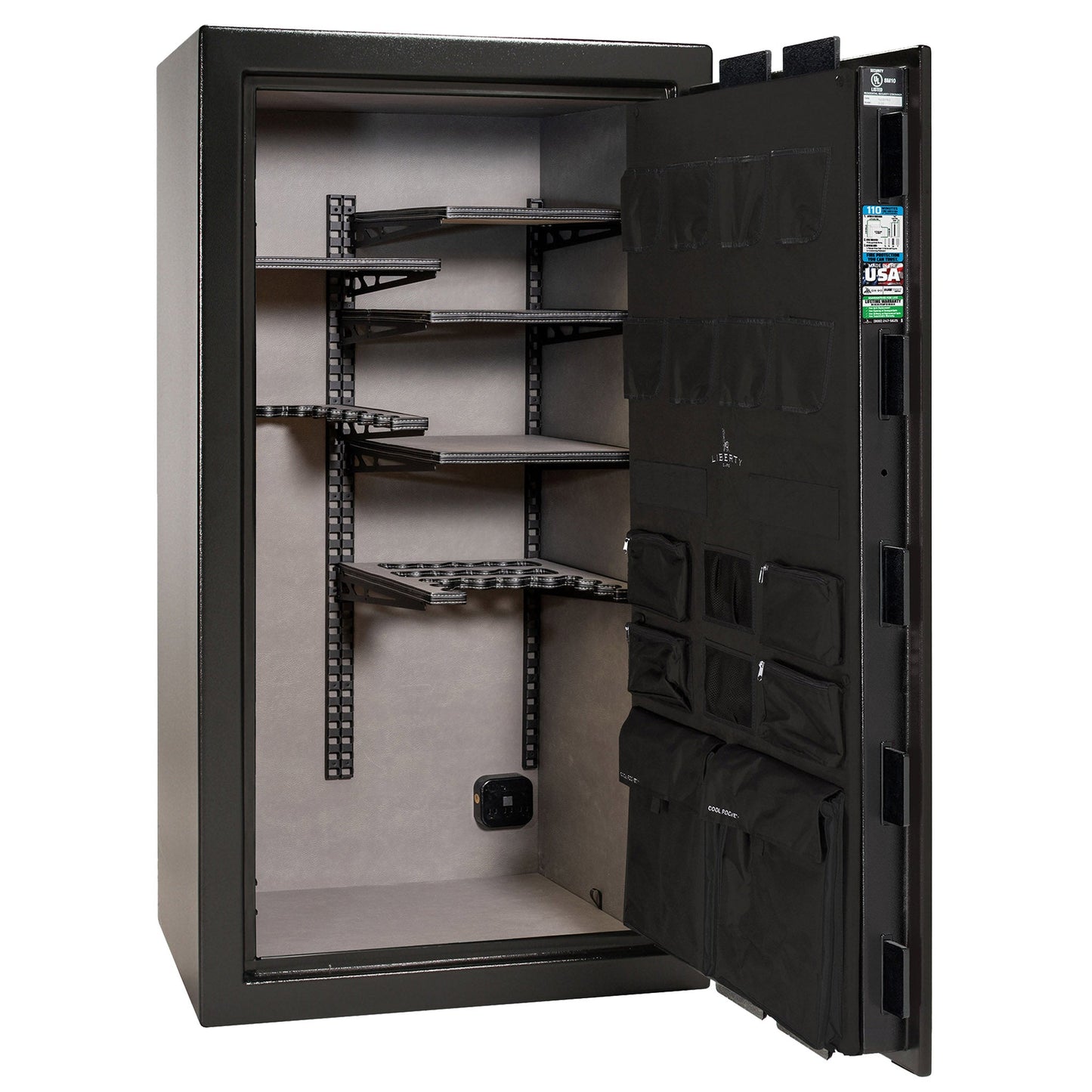 Franklin Series | Level 5 Security | 110 Minute Fire Protection | 40 | DIMENSIONS: 66.5"(H) X 36"(W) X 27.5"(D*) | Textured Black | ProFlex Modular Shelving – Open Door Empty