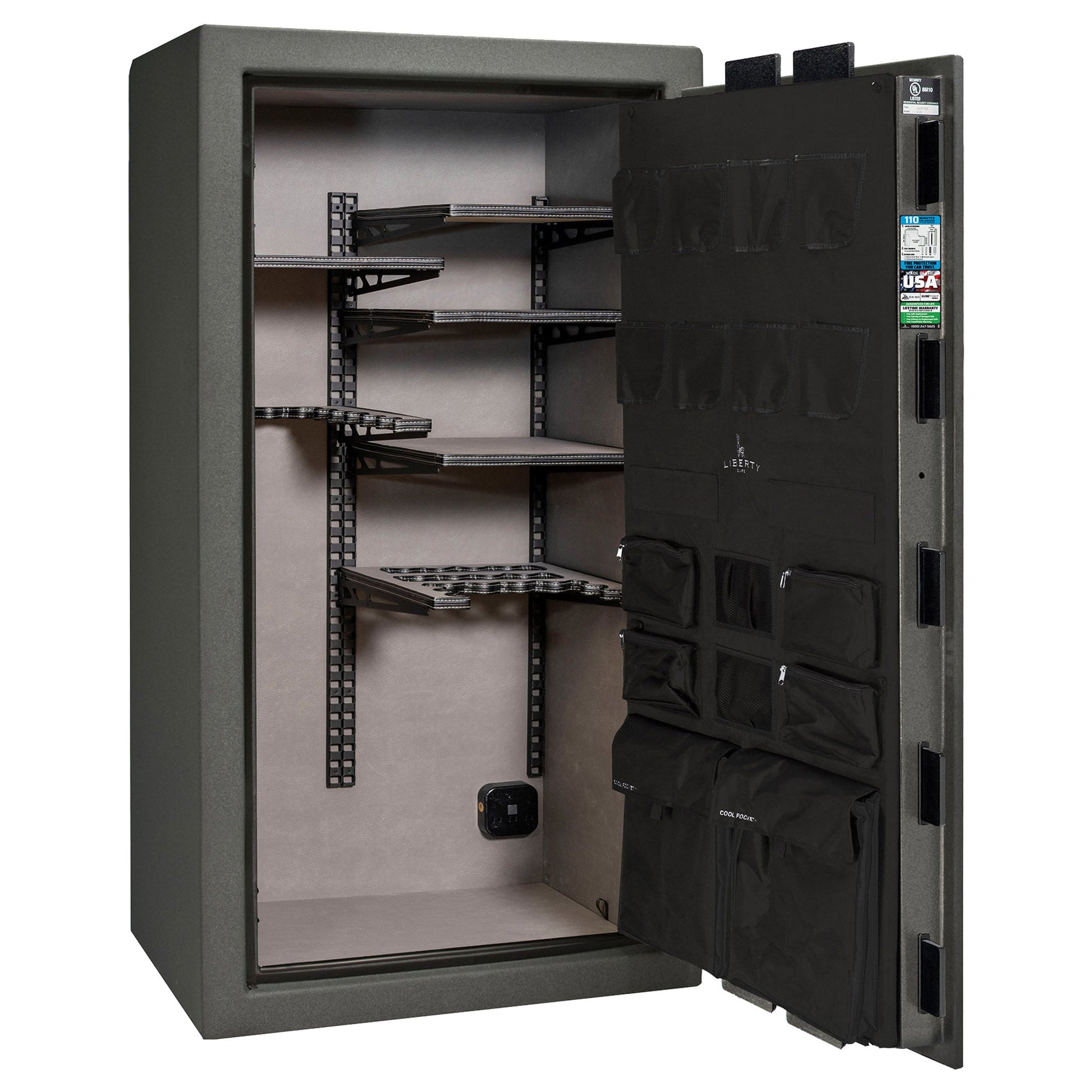 Franklin Series | Level 5 Security | 110 Minute Fire Protection | 40 | DIMENSIONS: 66.5"(H) X 36"(W) X 27.5"(D*) | Textured Granite | ProFlex Modular Shelving – Open Door Empty