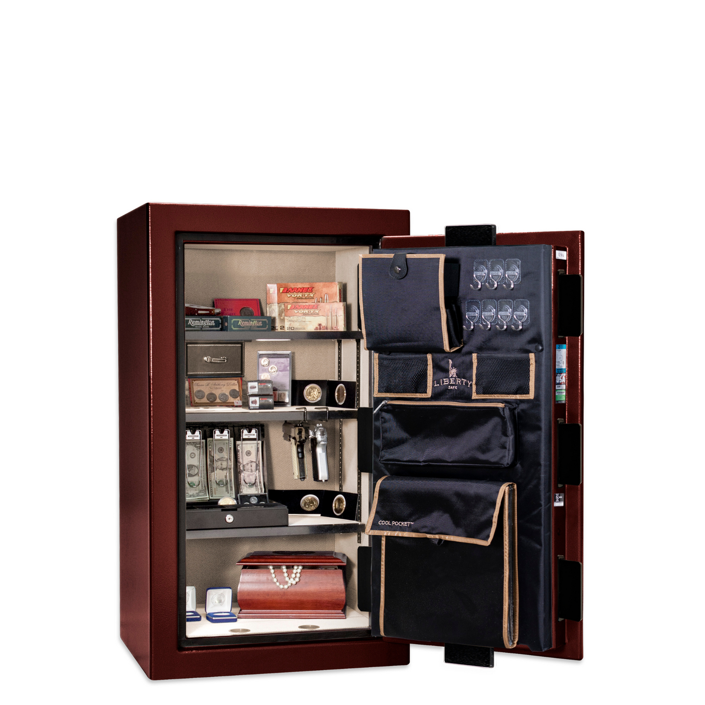 Premium Home Series | Level 7 Security | 2 Hour Fire Protection | 12 | Dimensions: 41.75"(H) x 24.5"(W) x 19"(D) | Burgundy Marble Black Chrome - Open Door